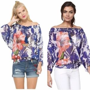 Desigual Tie Front Peasant Blouse Blue Multicoloured Julieta floral vacation Sm